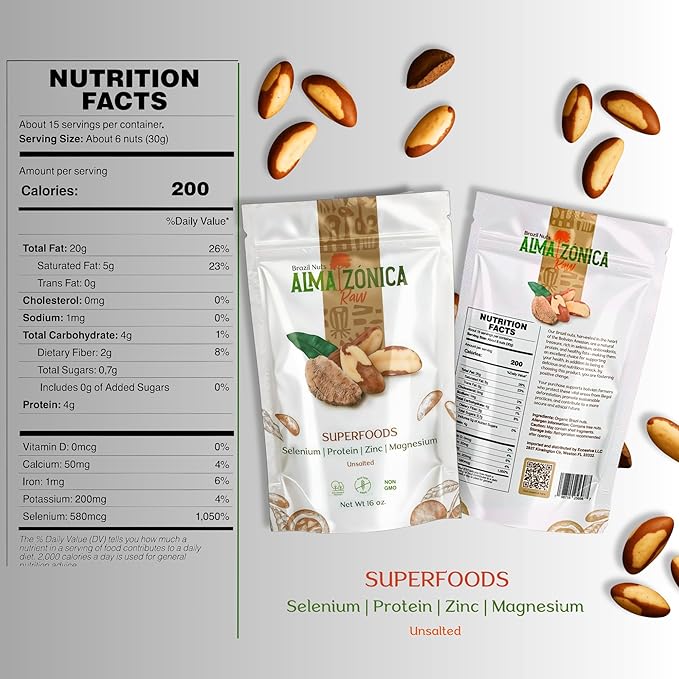ALMA ZÓNICA – Raw unsalted premium Brazil Nuts, 1 pound (16oz) | Unsalted, Gluten-Free, Kosher | Rich in Selenium, Antioxidants & Healthy Fats | Resealable Bag | Sustainable & Ethically Sourced