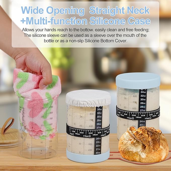 Sourdough Starter Jar,Sourdough Starter Kit with Ounce&ML Scale Line,Date Marked Feeding Band, Thermometer, Sourdough Jar Scraper, Silicone Lid,Cloth Cover & Bamboo Wood Lid(30oz/900ml)