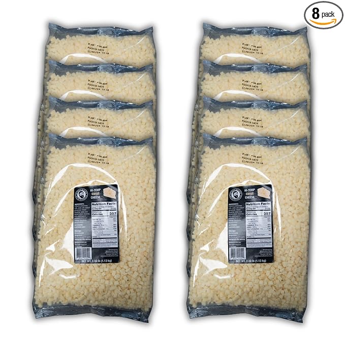 Bearded Butchers High-Temp Swiss Cheese, Case of 8 (2.5 lb Bags) ??20 lbs Total, Shelf-Stable 1/4-Inch Cubes for Up to 25 lbs of Meat Per Bag, 400째F High-Temperature Cheese ??Ideal for Sausage Making, Brats, Snack Sticks, Burgers, and More