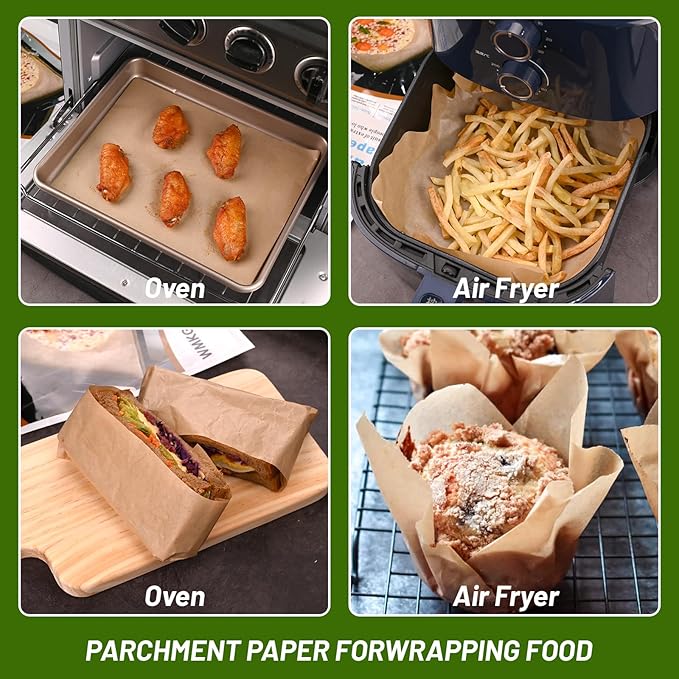 WMKGG 200Pcs Unbleached Parchment Paper for Baking, 8 x 12 Inch Precut Heavy Duty Parchment Paper Sheets for Cooking, Grilling, Air Fryer and Oven