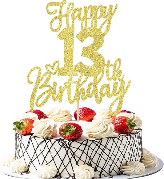 1 PCS Happy 13th Birthday Cake Topper Glitter Cheers to 13 Years Birthday Cake Pick 13 Official Teenager Cake Decoration for Happy 13th Birthday Anniversary Theme Party Decorations Supplies Gold