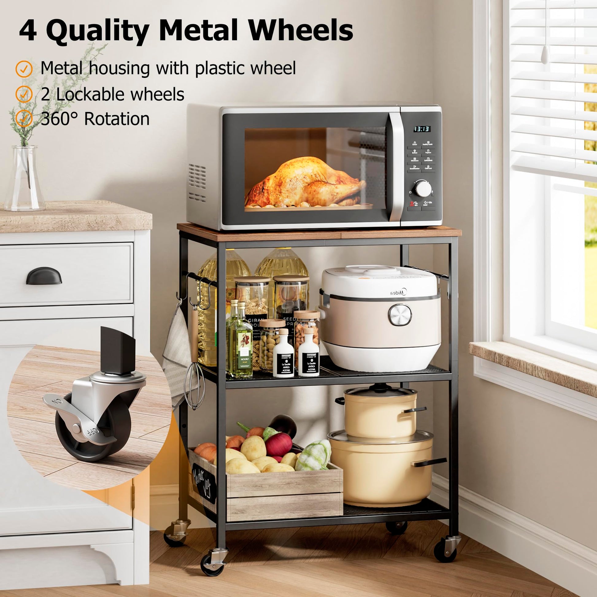 Homleke 3-Tier Rolling Kitchen Microwave Cart, Utility Cart