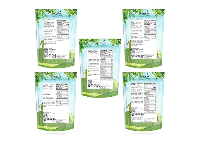Food to Live - Organic Baking Ingredients in a Gift Box A Variety Pack of Organic Coconut Flour, Chia Flour, Coconut Sugar, Shredded Coconut, Ground Golden Flaxseeds