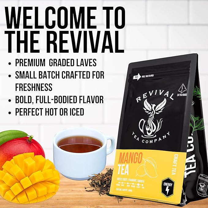 Revival Tea Company Mango Tea - Black Tea Blend with Real Mango Pieces and Flavor - Loose Leaf 6 Ounces