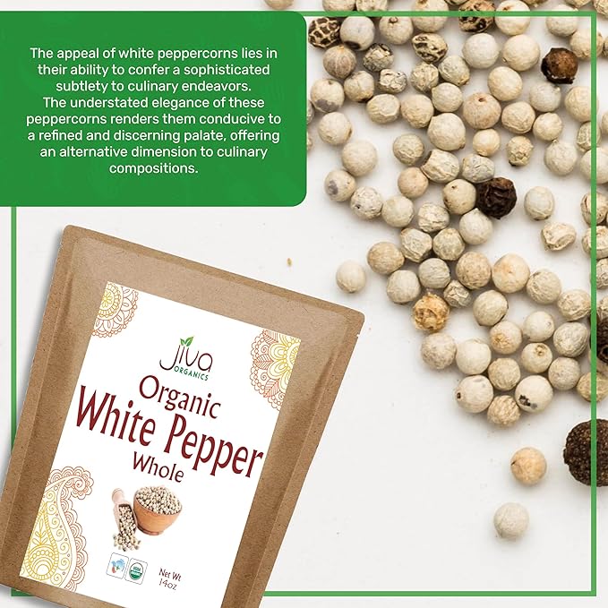 Organic White Peppercorns Whole 14Oz Bulk Bag - Non-GMO, Pure Whole Peppercorns for Grinder Refill by Jiva Organics