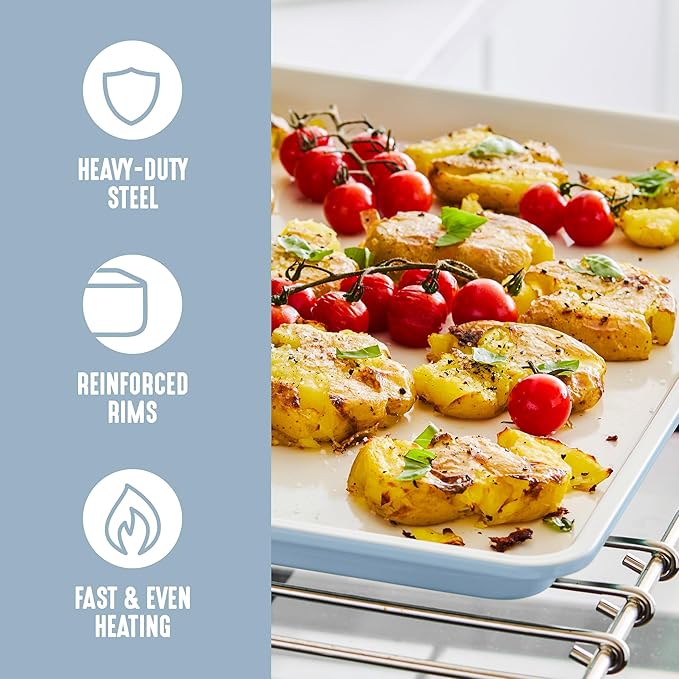GreenLife Bakeware 18??x 13??Half Cookie Sheet Baking Pan, Non-Toxic PFAS-Free Healthy Ceramic Nonstick, Oven Safe to 450°F, Easy Release, Even Heating, Easy Clean, Blue Haze