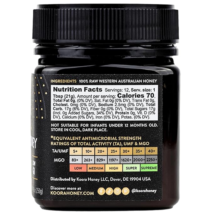 KOORA Jarrah Honey TA 35+ (MGO 2000+ Manuka Honey Rating Equiv.) Low GI, Medical Grade for Daily Health & Immune Support, Raw from the Ancient Forests of Western Australia 8.8 oz