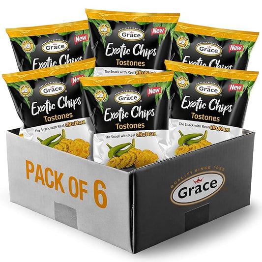 Grace Exotic Plantains Tostones Chips 2.5 oz - 6 Pack -Traditional Twice Fried Crunchy Plantain from the Andean Highlands - Kettle Cooked Gluten Free - Vegan Snack - Low Sodium - No Sugar Added