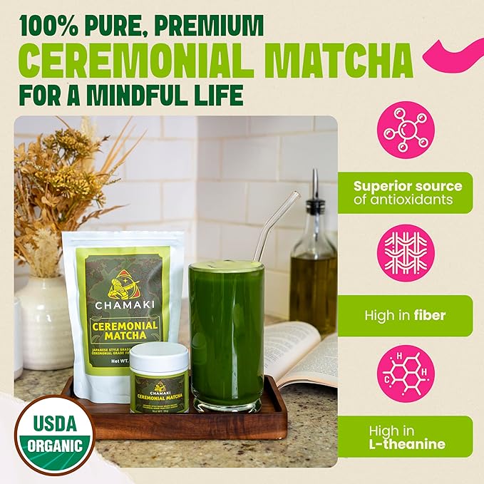 Chamaki Ceremonial Matcha Powder-First Harvest Japanese Style -Shade Grown Organic Premium Grade 1oz/30g Tin Ready for baking and Latte Authentic Japanese Style Matcha green tea Powder (30g)