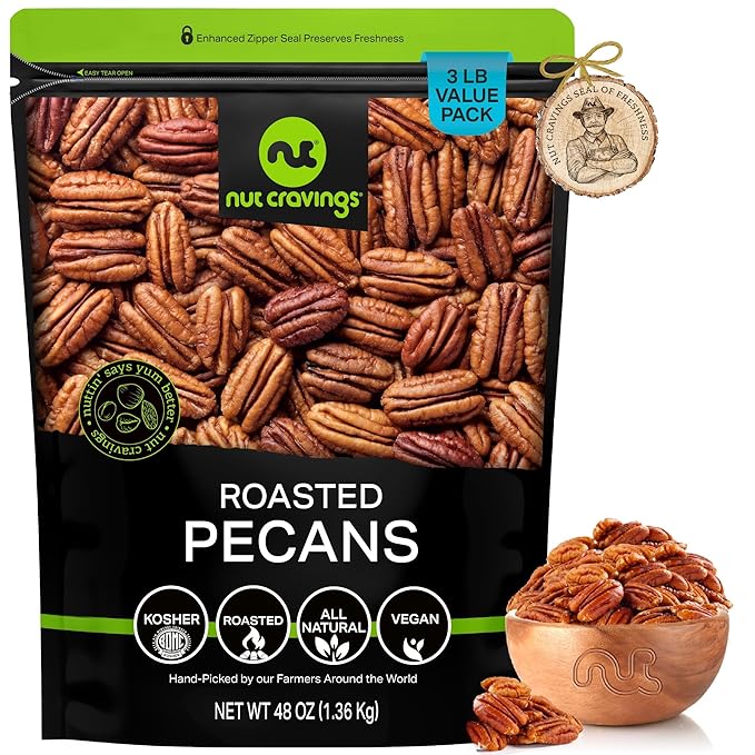 NUT CRAVINGS - Pecans Halves, Roasted & Unsalted, No Shell (48oz - 3 LB) Bulk Nuts Packed Fresh in Resealable Bag - Healthy Protein Food Snack, Food Assortments