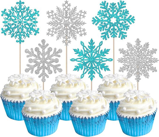 Rsstarxi 24 Pack Snowflake Cupcake Toppers Glitter Winter Wonderland Snowflake Theme Cupcake Picks Decoration for Baby Shower Kids Birthday Christmas Party Cake Decorations Silver Blue