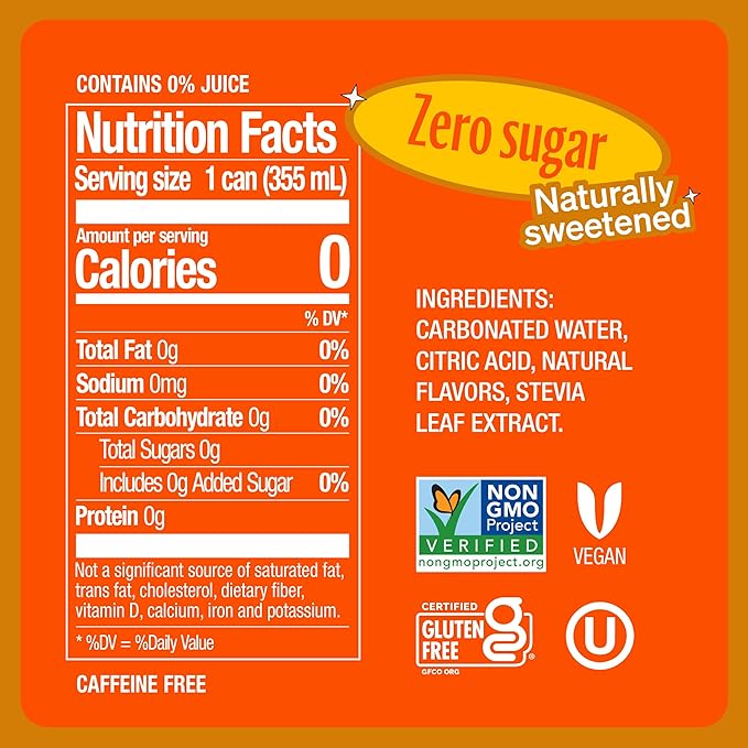 Zevia Zero Sugar Soda, Orange, 12 oz Cans (8-Pack) ??Naturally Sweetened, Non-GMO Project Verified, Gluten-Free, Vegan