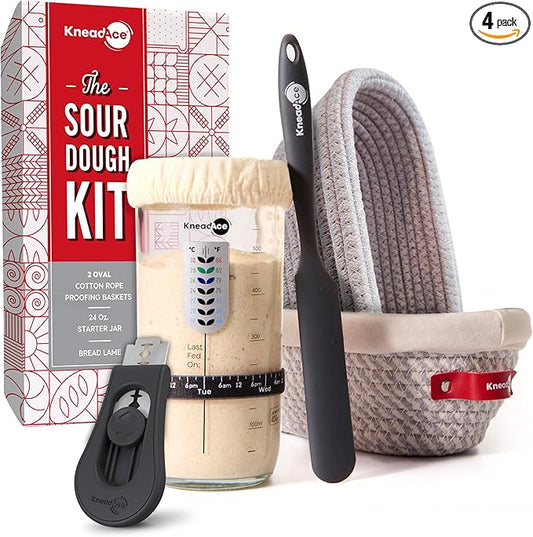 Sourdough Starter Kit (24oz Jar, 2xOval Baskets, Gray Bread Lame)