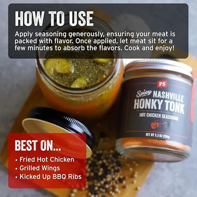 PS Seasoning Honky Tonk Nashville Hot Chicken Seasoning - Spicy Chicken BBQ Seasoning and Rubs for Smoking, Grilling, Frying, Roasting - Nashville Style Dry BBQ Rub for Poultry, Wings, Ribs, Dips