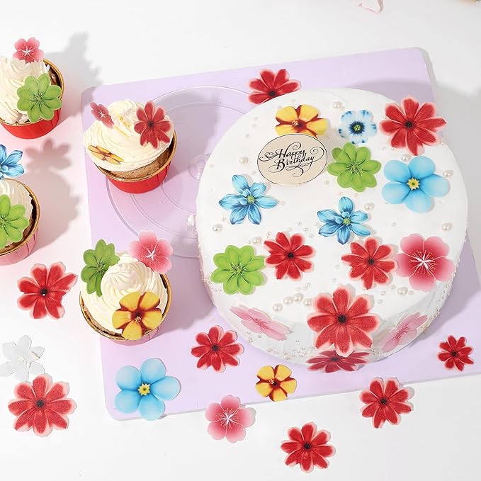 YOcity 70Pcs Edible Flowers Cake Toppers Cupcake Topper Luau Hawaii Flowers Wafer Paper Flower Cake Decorations for Wedding Birthday Baby Shower Party Supplies Mixed Size & Colour