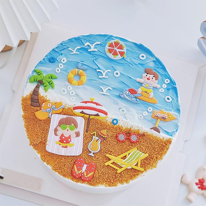 Gyufise 12Pcs Summer Beach Hawaii Cupcake Toppers Sun Umbrella Ball Diving Coconut Watermelon Sunglasses Slippers Cupcake Picks Baby Shower Hawaii Pool Theme Birthday Party Cake Decorations
