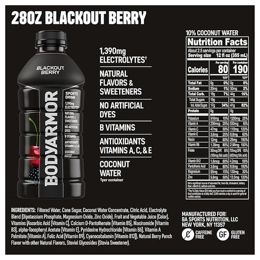 BODYARMOR Sports Drink Sports Beverage, Blackout Berry, Coconut Water Hydration, Natural Flavors With Vitamins, Potassium-Packed Electrolytes, Perfect For Athletes, 28 Fl Oz (Pack of 15)