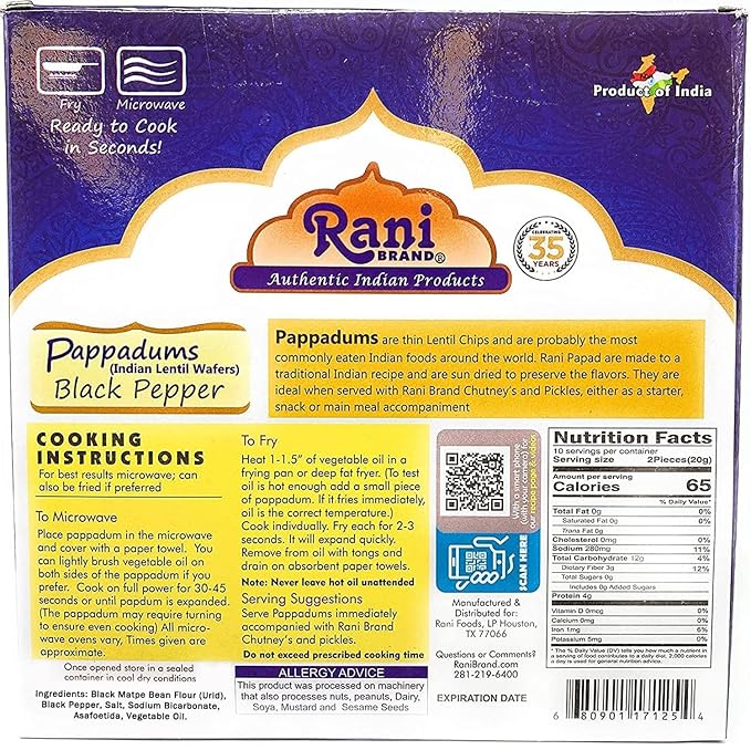 Rani Pappadums (Indian Lentil Wafer Snack) Black Pepper Papad 7oz (200g) Approximately 15pc, 7 inches, Pack of 12 ~ All Natural | Gluten Friendly | NON-GMO | Vegan | Indian Origin