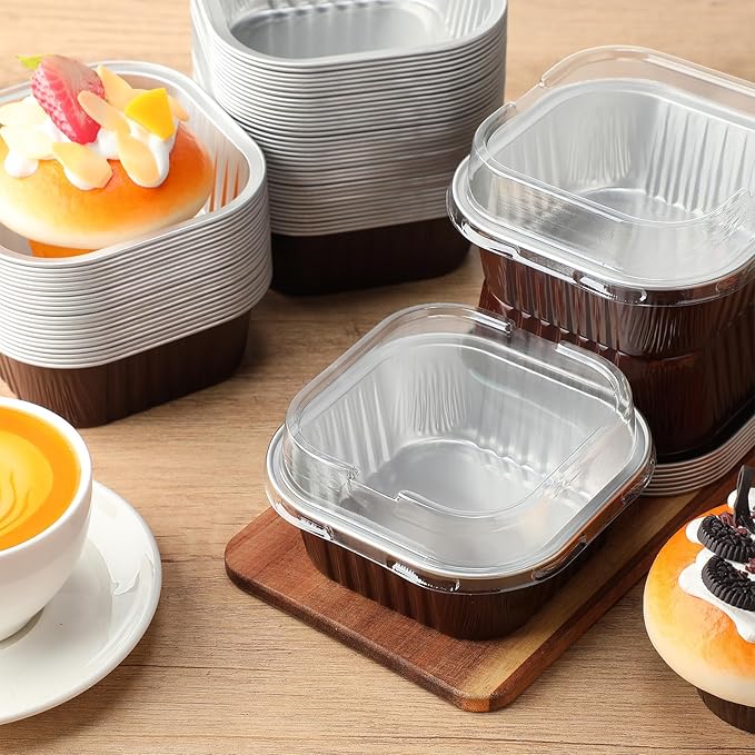 Aoriher 150 Pieces 10 oz Mini Cake Pans with Lids Aluminum Foil Baking Cups Square Disposable 4" x 4" Large Cupcake Cups Baking Tins for Kitchen Brownie Pudding Desserts Holders(Brown)