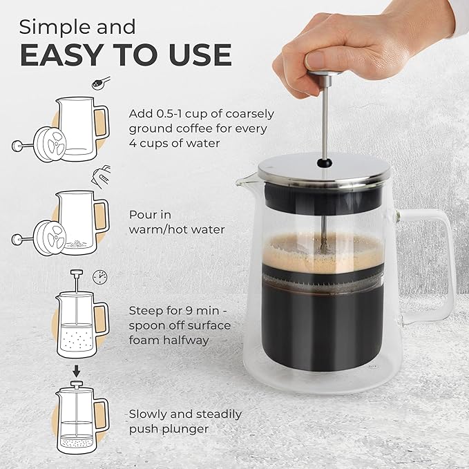 Kaffe Glass French Press Coffee Maker (27oz / 0.8L) - Double-Wall Insulated Borosilicate Glass Coffee Press - Travel & Camping - Homemade French Press Coffee