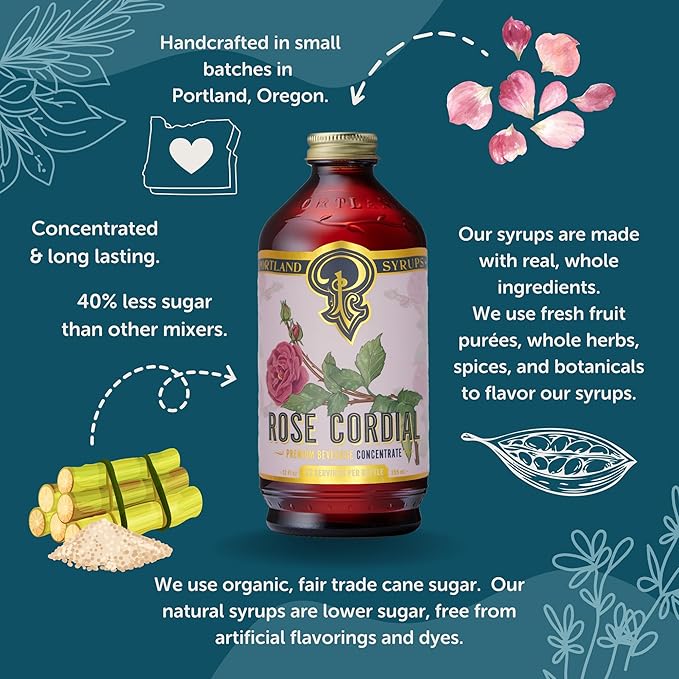 Portland Syrups Rose Cordial Syrup - Craft Exquisite Floral Beverages for Cocktails, Mocktails, Soda, and More - 12 oz with 24 Servings (Pack of 2)