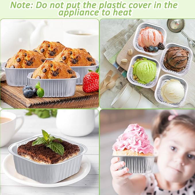 Aoriher 300 Pieces 10 oz Mini Cake Pans with Lids, Aluminum Foil Baking Cups, Square Disposable Cupcake Cups Baking Tins for Wedding Birthday Party Supplies(Silver)
