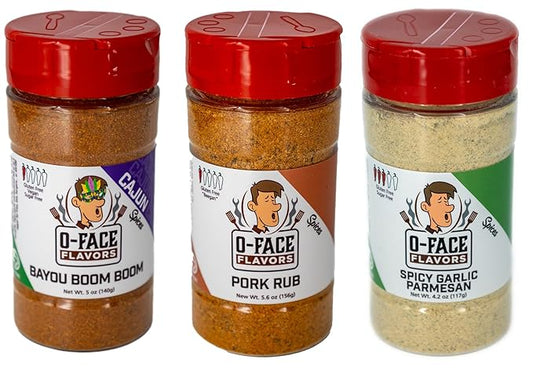 O-Face BBQ 3-Pack, 1 Bayou Boom Boom, 1 Pork Rub Seasoning, 1 Spicy Garlic Parmesan - Bold Southern Flavor, Savory Pork Rub, Rich Spicy Garlic Parmesan