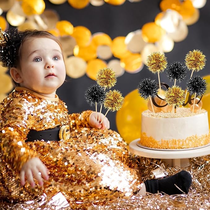 MEMOVAN Foil Firework Cupcake Toppers 100PCS Sparkle Tinsel Cake Toppers Tinsel Drink Stirrer Gold Black Cake Cupcake Decoration Cocktail Picks for Birthday Wedding Graduation Party Supplies