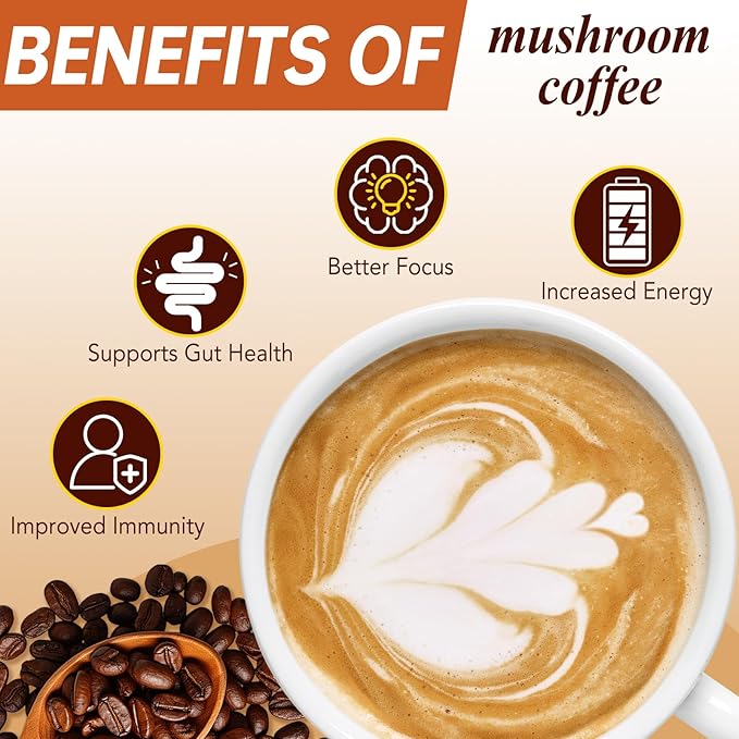 Mushroom Coffee Organic with 10 Adaptogenic Mushrooms, Grown Instant Coffee for Better Energy, Focus, Digestion, Immunity with Lions Mane & Turkey Tail, 30 servings