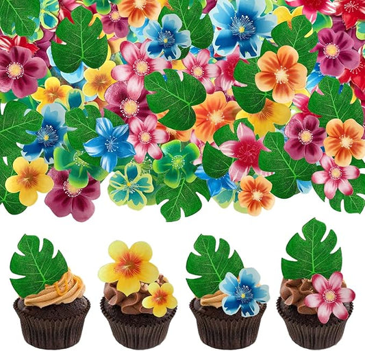 88 pieces of edible green leaf cake decorations, mixed leaf and flower cupcake decorations for Hawaiian themed festive wedding birthday party supplies.