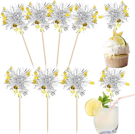Rsstarxi 30 Pack Foil Firework Cupcake Toppers Happy Birthday Party Decorations Sparkle Tinsel Cocktail Food Fruit Toothpick for Happy Valentine's Day Wedding Birthday Party Cake Decorations Silver
