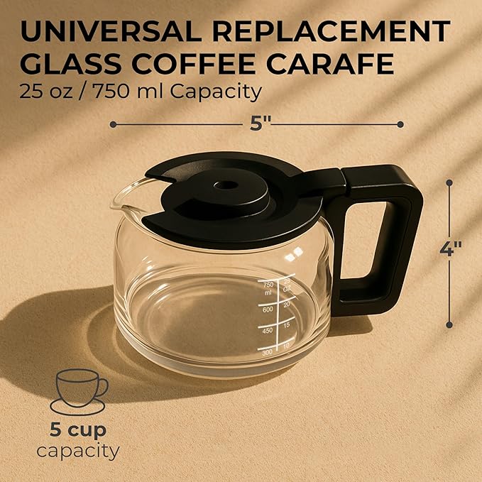 Kaffe Universal Replacement Coffee Carafe - 5 Cup Glass Pot for Drip Coffee Makers - Glass, Easy-Grip Handle, Sneak-A-Cup Compatible - Capacity Markings, Dishwasher Safe