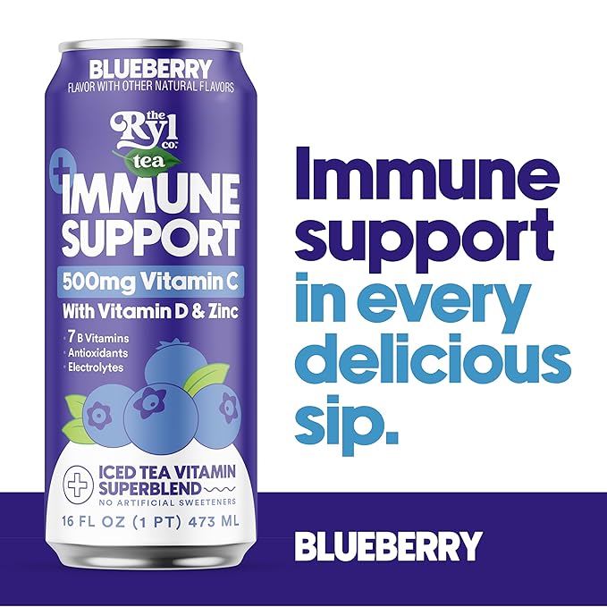 Ryl Immune Support Tea, Blueberry, 500mg Vitamin with Vitamin D & Zinc, 16.0 Fl Oz (12-Pack)