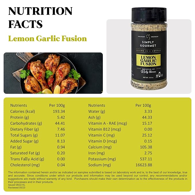 Lemon Garlic Seasoning ?œRecipe in a Bottle????Premium Gourmet Lemon Garlic Spice Blend w/Pepper - Complete Dry Rub & Marinade, 5.7?¯oz ??Kosher, Gluten Free, and No?‘Additions Needed.