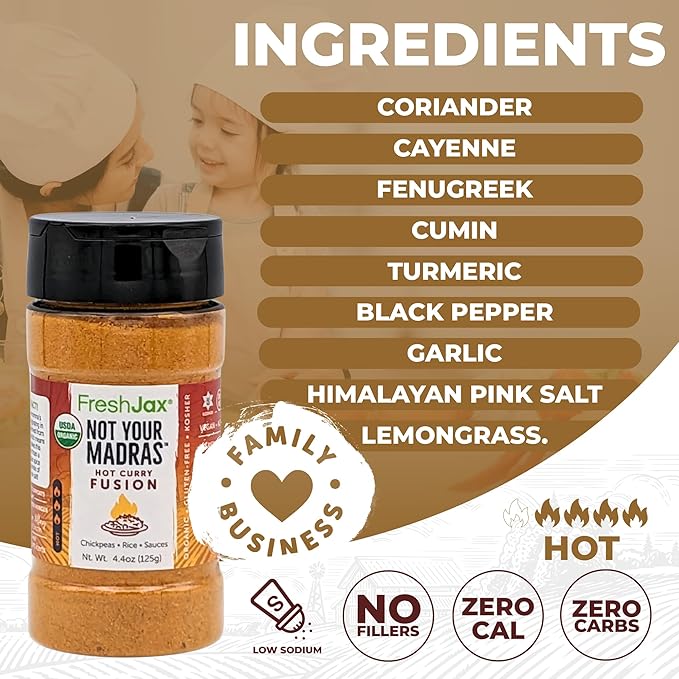 FreshJax Not Your Madras Hot Curry Fusion (4.4 oz Bottle) | Non-GMO, Gluten-Free, Keto, Paleo, No Preservatives | Spicy Red Curry Seasoning for Cooking | Handcrafted in Jacksonville