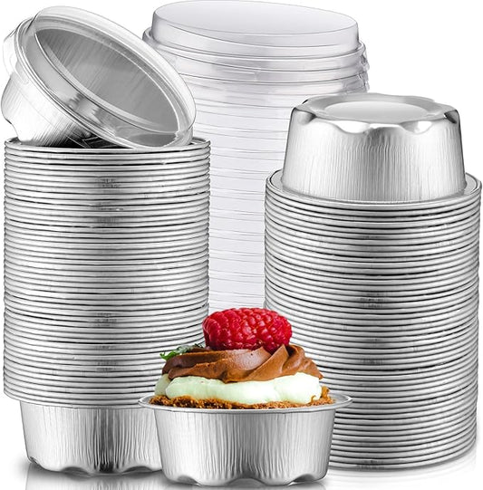 Eaasty 150 Pcs Baking Cups with Lids, 1.6 oz Muffin Cupcake Liners Aluminum Foil Mini Cake Pans Small Disposable Ramekins Flan Containers with Lids for Christmas, Birthday, Various Holiday(Silver)