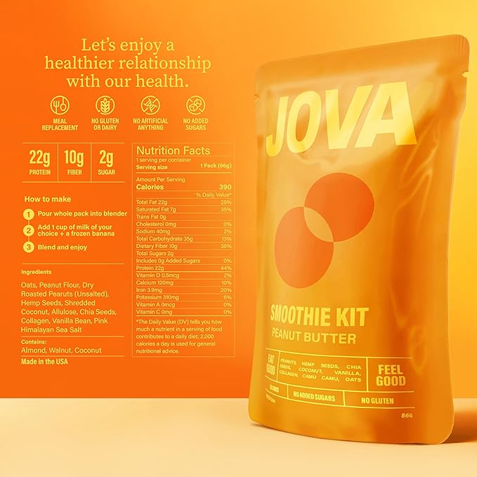 JOVA High Protein Smoothie Mix ??Pistachio, Chocolate, Peanut Butter | 22g Protein, 10g Fiber, Omega-3s (No Fillers, Non-GMO, Gluten-Free), 12-Pack, Made in USA