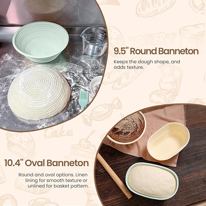 Banneton Bread Proofing Basket - 9.5 Inch Round & 10.4 Inch Oval Foldable Proofing Baskets Set of 2 with Liners for Professional & Home Artisan and Starter Kit with Bread Making Tools,Green
