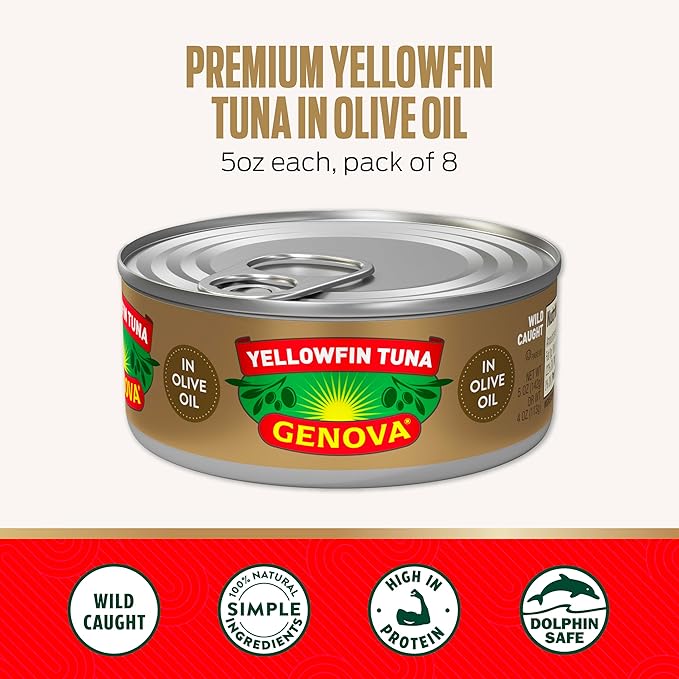Genova Premium Yellowfin Tuna in Olive Oil, 5 Ounce Cans, 12-Pack – Nutrient Rich, High Protein Canned Tuna Fish - Delicious, Easy, Nutritious Ready to Eat Meals