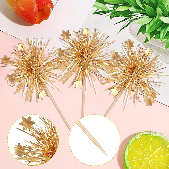 Rsstarxi 30 Pack Birthday Cupcake Toppers Gold Firework Cupcake Toppers Sparkle Tinsel Flower Drink Stirrers Cocktail Food Toothpicks for Valentine's Day Party Cake Decorations