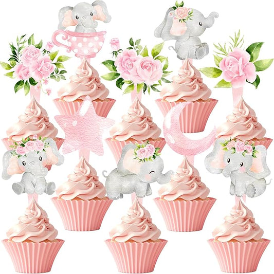 40 Pcs Girl Elephant Cupcake Toppers - Adorable Elephant Party Decorations and Baby Shower Cake Decor - Perfect for Girl Elephant Birthday Cupcake Toppers, Baby Shower, and Pink Elephant Party