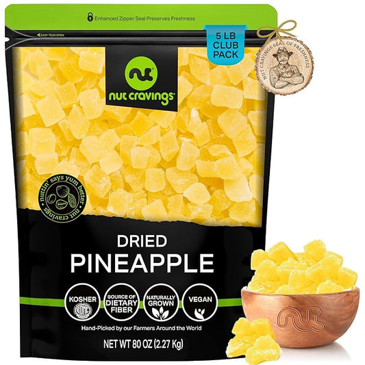 NUT CRAVINGS - Sun Dried Pineapple Chunks, Lightly Sweetened (80oz, 5 LB) Bulk Dry Fruits Packed Fresh in Resealable Bag - Sweet Healthy Snack, Naturally Grown, Vegan, Kosher