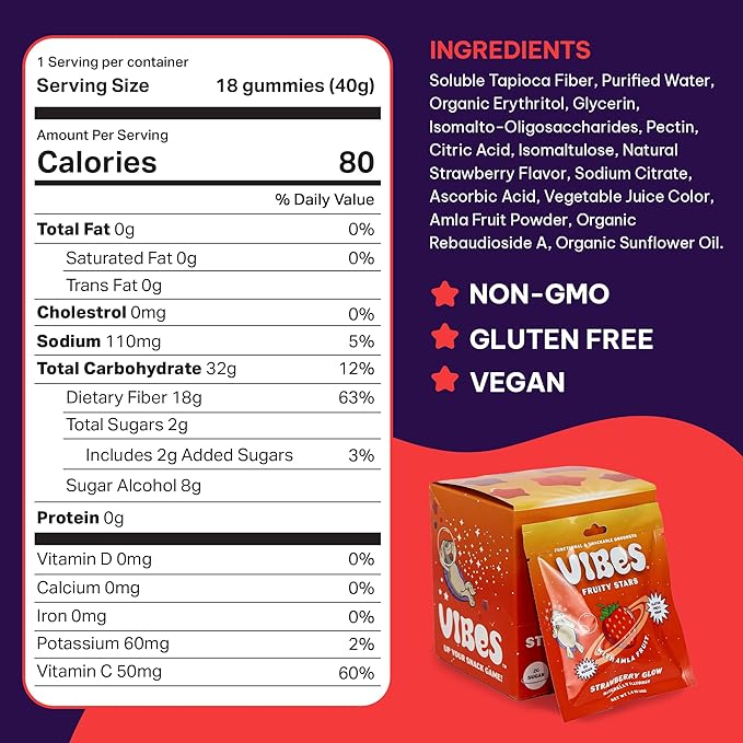 VIBES Strawberry Glow Fruity Stars - Healthy Gluten-Free & Vegan Fruit Chews - Fruit Snacks for Kids, Teens, & Adults - High Fibre - non-gmo - 2g Sugar - 6 Pouches of 18 Fruit Gummies in Each Box