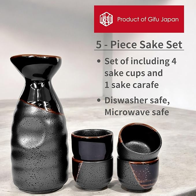 Product of Gifu Japan Japanese Sake Set, 1 Tokkuri Bottle Carafe and 4 Ochoko Cups Ceramic Sake Glasses, 5 Piece Set, Black Kuro Oribe