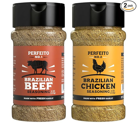 Brazilian Gourmet Seasoning Set for Meat & Poultry - 2 Units – Fresh Garlic, Gluten-Free Blend, Sugar Free, No Preservatives, Premium, Rich Flavor, PERFEITO NO.1 and NO.2