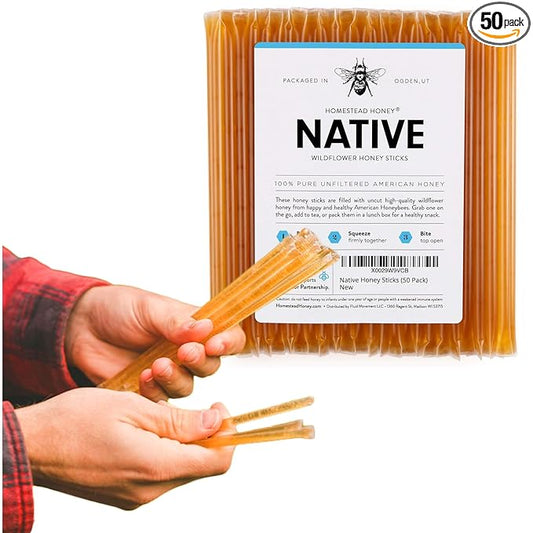 Homestead Honey Native Honey Sticks for Tea - 50-Pack Bulk Packets, Single Serve - Pure Wildflower Honey Straws - Easy-to-Open Honeycomb Stir Sticks for On-the-Go, Snacks, and Travel