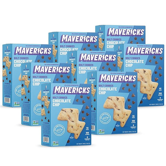 Mavericks Chocolate Chip Bolt Cookies - Plant-Based Chocolate Chip Cookies, Healthy, Plant-Based Snack for Kids, Nut Free, 40% Less Sugar - Back to School - 7 oz Box (8 Pack)