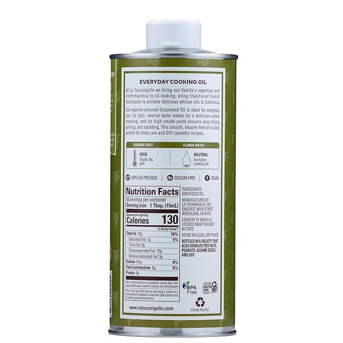 La Tourangelle, Expeller-Pressed Grapeseed Oil, High Heat Neutral Cooking Oil, Cast Iron Seasoning, Also Great for Skin, Hair, and DIY Beauty Recipes, 25.4 fl oz