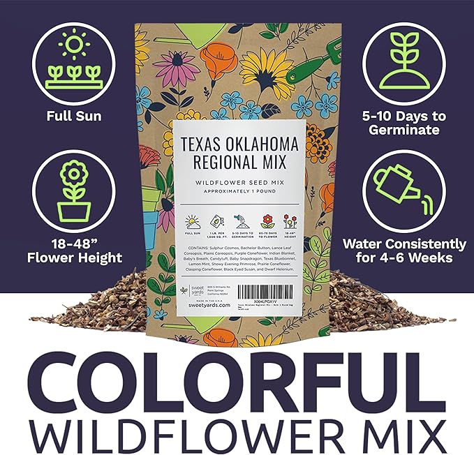 Texas Oklahoma Regional Mix Seeds for Planting - Bulk 1 Pound Bag - Over 240,000 Native Seeds - Open Pollinated and Non GMO