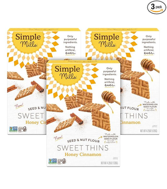 Simple Mills Honey Cinnamon Seed & Nut Flour Sweet Thins, Paleo Friendly & Delicious Sweet Thin Cookies, Good for Snacks, Nutrient Dense, 4.25 oz, 3 Count